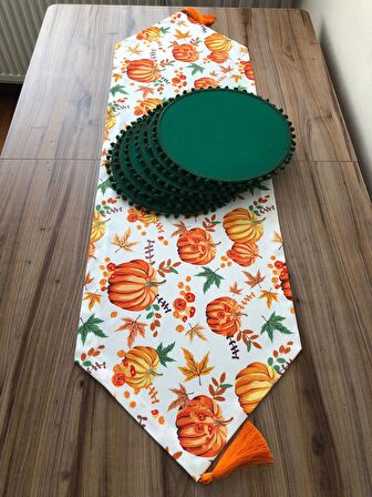 BALKABAĞI DESENLİ RUNNER & PONPONLU YESİL SUPLA