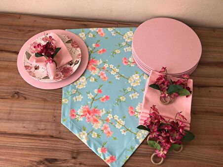 SOFRA SUNUM SETİ  MİNT ZEMİN PEMBE ÇİÇEK DESENLİ TAKIM