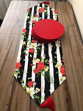 BEYAZ ZEMİN ÜZERİNE GÜL DESENLİ RUNNER & SUPLA