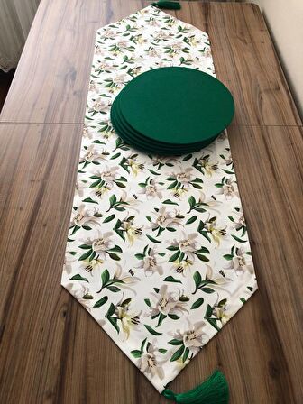 BEYAZ ZEMİN ÜZERİNE LİLYUM ÇİÇEK DESENLİ RUNNER & SUPLA