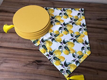 BEYAZ ZEMİN ÜZERİNE LİMON DESENLİ RUNNER & SUPLA