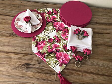 SOFRA SUNUM SETİ BEYAZ ZEMİN FUŞYA ÇİÇEK DESENLİ TAKIM