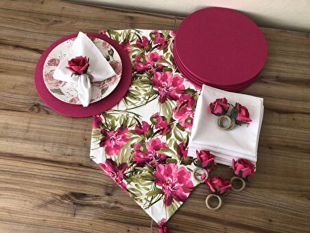 SOFRA SUNUM SETİ BEYAZ ZEMİN FUŞYA ÇİÇEK DESENLİ TAKIM