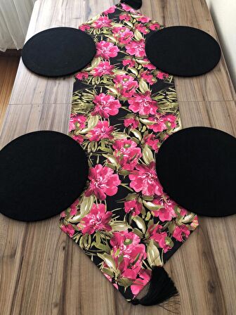 SİYAH ZEMİN FUŞYA ÇİÇEK DESENLİ RUNNER & SUPLA