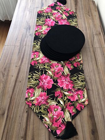 SİYAH ZEMİN FUŞYA ÇİÇEK DESENLİ RUNNER & SUPLA