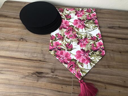 BEYAZ ZEMN FUŞYA ÇİÇEK DESENLİ RUNNER & SUPLA SETİ