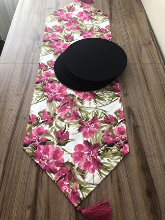 BEYAZ ZEMN FUŞYA ÇİÇEK DESENLİ RUNNER & SUPLA SETİ