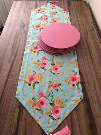 MİNT ZEMİN ÜZERİNE PEMBE GÜL DESENLİ RUNNER &SUPLA
