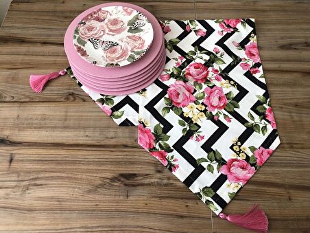 ZİGZAG ZEMİN ÜZERİNE ÇİÇEK DESENLİ RUNNER & SUPLA