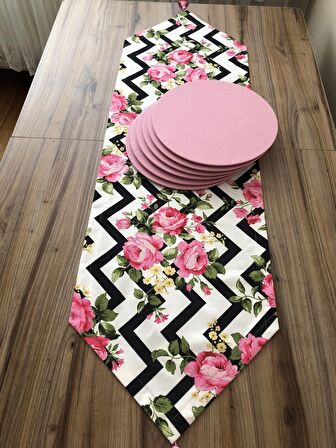 ZİGZAG ZEMİN ÜZERİNE ÇİÇEK DESENLİ RUNNER & SUPLA