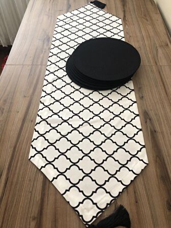 BEYAZ ZEMİN SİYAH MOROCCAN DESENLİ RUNNER & SUPLA