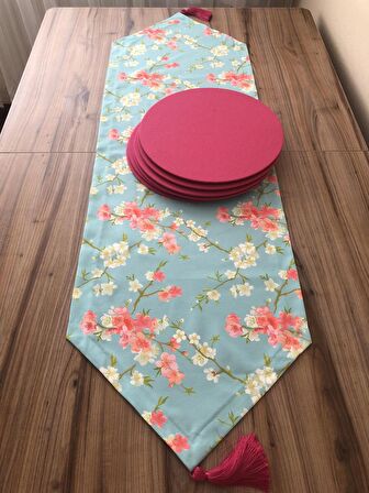 MİNT ZEMİN ÇİÇEK DESENLİ RUNNER & SUPLA