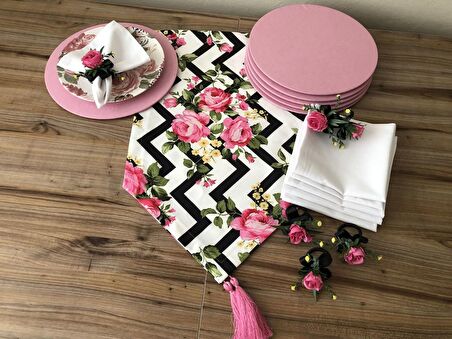 SOFRA SUNUM SETİ ZİGZAG ÜZERİNE PEMBE GÜL DESENLİ TAKIM