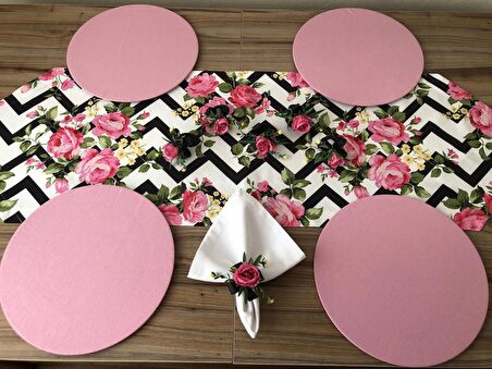 SOFRA SUNUM SETİ ZİGZAG ÜZERİNE PEMBE GÜL DESENLİ TAKIM