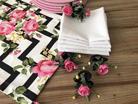 SOFRA SUNUM SETİ ZİGZAG ÜZERİNE PEMBE GÜL DESENLİ TAKIM