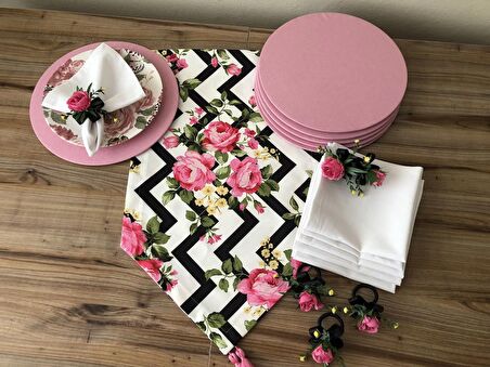 SOFRA SUNUM SETİ ZİGZAG ÜZERİNE PEMBE GÜL DESENLİ TAKIM