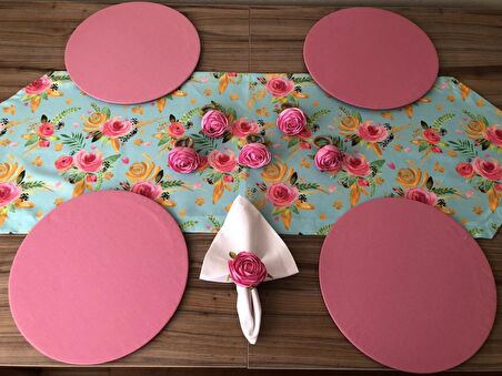 SOFRA SUNUM SETİ MİNT ZEMİN PEMBE GÜL DESENLİ TAKIM