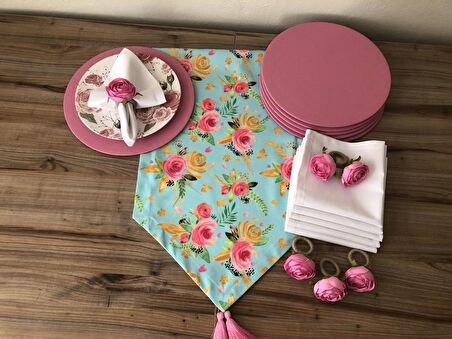 SOFRA SUNUM SETİ MİNT ZEMİN PEMBE GÜL DESENLİ TAKIM