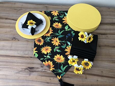 SOFRA SUNUM SETİ SİYAH ZEMİN AYÇİÇEĞİ DESENLİ TAKIM