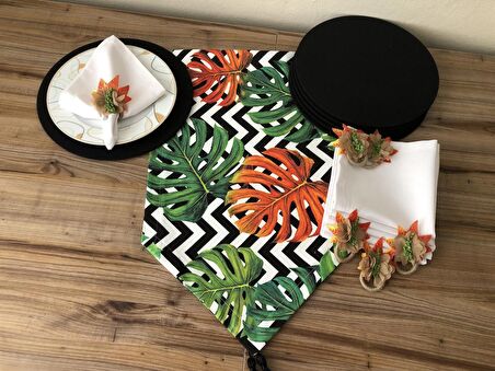 SOFRA SUNUM SETİ ZİGZAG ÜZERİNE RENKLİ YAPRAK DESENLİ TAKIM
