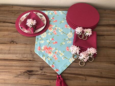 SOFRA SUNUM SETİ MİNT ZEMİN FUŞYA ÇİÇEK DESENLİ TAKIM