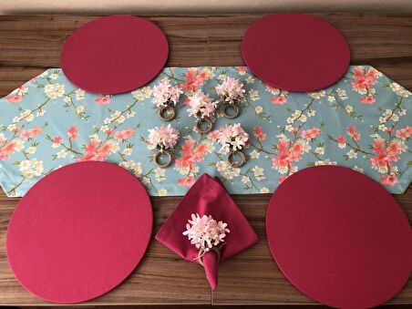 SOFRA SUNUM SETİ MİNT ZEMİN FUŞYA ÇİÇEK DESENLİ TAKIM