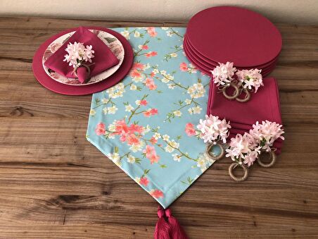 SOFRA SUNUM SETİ MİNT ZEMİN FUŞYA ÇİÇEK DESENLİ TAKIM