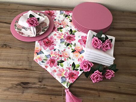 SOFRA SUNUM SETİ BEYAZ ZEMİN SULUBOYA ÇİÇEK DESENLİ