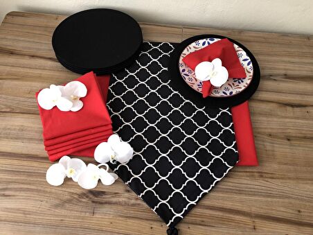 SOFRA SUNUM SETİ SİYAH ZEMİN BEYAZ MORACCAN DESNLİ TAKIM