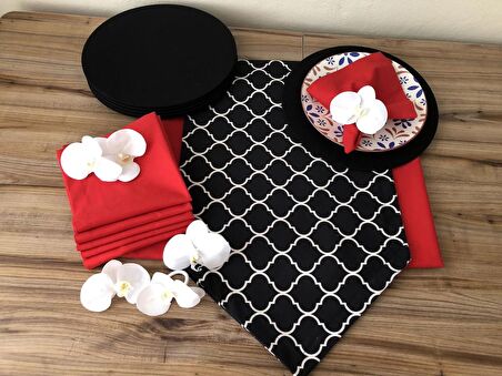 SOFRA SUNUM SETİ SİYAH ZEMİN BEYAZ MORACCAN DESNLİ TAKIM