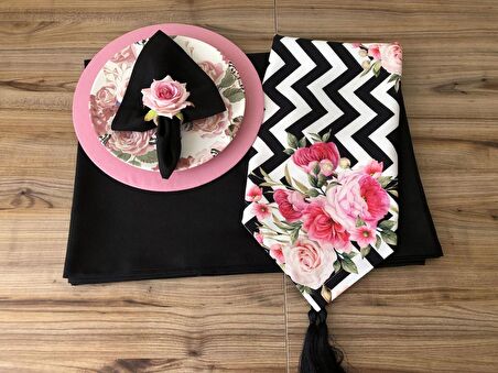 SOFRA SUNUM SETİ ZİGZAG ZEMİN ÜZERİNE PEMGE GÜL DESENLİ TAKIM