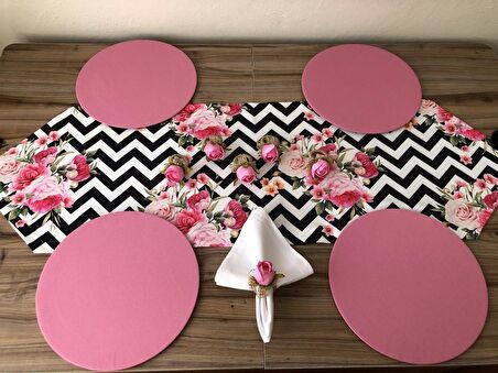 ZİGZAG ZEMİN ÜZERİNE GÜL DESENLİ SOFRA SUNUM SETİ