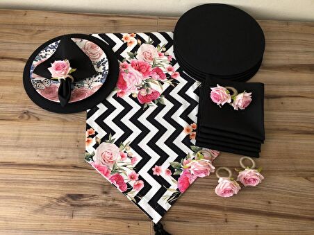 ZİGZAG ZEMİN ÜZERİNE GÜL DESENLİ SOFRA SUNUM SETİ