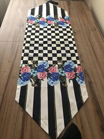 DAMALİ MAVİ GÜL DESENLİ RUNNER