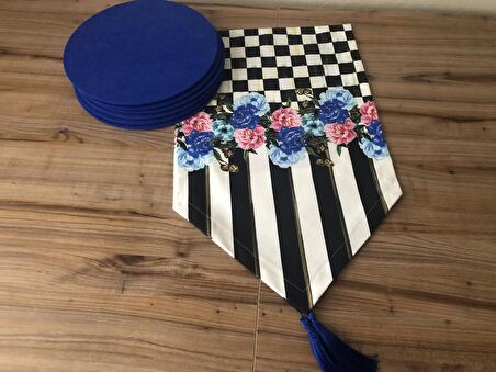 DAMA MAVİ ÇİÇEK DESENLİ RUNNER & SUPLA