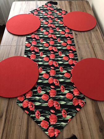 SİYAH ZEMİN ÜZERİNE KIRMIZI ÇİÇEK DESENLİ RUNNER & SUPLA