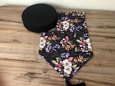 SİYAH ZEMİN RENKLİ ÇİÇEKLER DESENLİ RUNNER & SUPLA