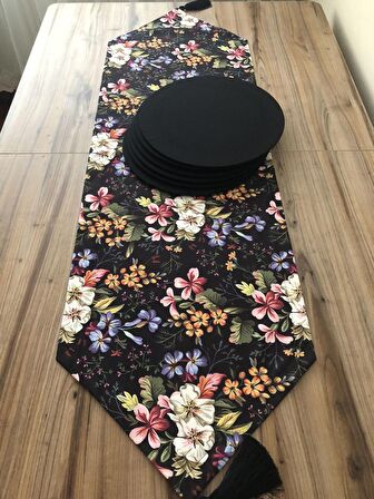 SİYAH ZEMİN RENKLİ ÇİÇEKLER DESENLİ RUNNER & SUPLA