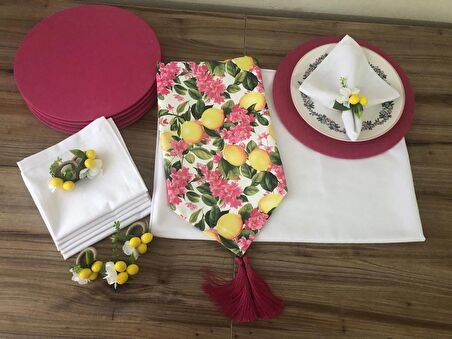 SOFRA SUNUM TAM SET FUŞYA ÇİÇEKLER ARASINDA LİMON DESENLİ