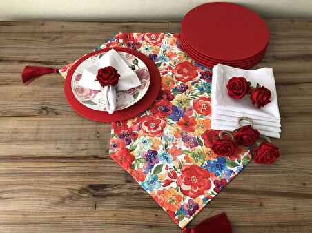 SOFRA SUNUM SETİ KIRMIZI MAVİ SARI ÇİÇEK DESENLİ TAKIM