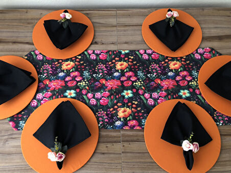 SOFRA SUNUM SETİ KETEN EFEKTLİ ÇİÇEK BAHÇESİ DESENLİ TAKIM