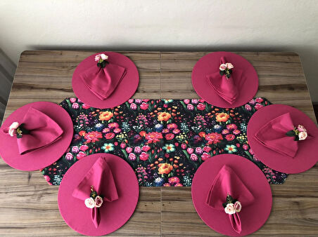 SOFRA SUNUM SETİ KETEN EFEKTLİ ÇİÇEK BAHÇESİ DESENLİ TAKIMI