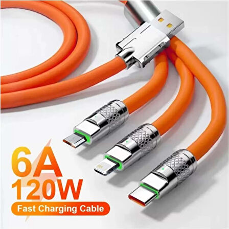 120w 6a Amper 3-in-1 Type-c Micro Iphone Lightning Hızlı Şarj Ve Data Kablo 1mt