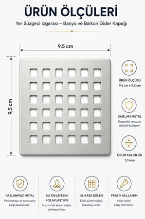 Yer Süzgeci Izgarası 9,5x9,5 cm Metal Banyo Duş Balkon Gider Kapağı