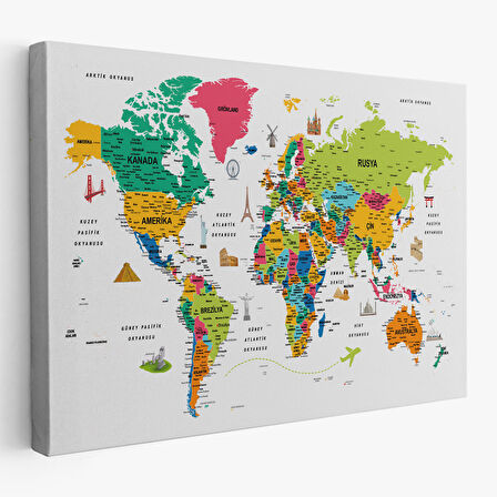 Harita Sepeti Türkçe Dünya Haritası Son Derece Ayrıntılı Eğitici ve Sembollü Kanvas Tablo 3216