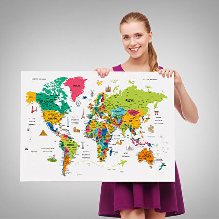 Harita Sepeti Türkçe Dünya Haritası Son Derece Ayrıntılı Eğitici ve Sembollü Kanvas Tablo 3216