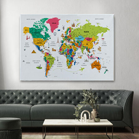 Harita Sepeti Türkçe Dünya Haritası Son Derece Ayrıntılı Eğitici ve Sembollü Kanvas Tablo 3216