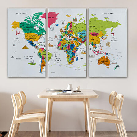 Harita Sepeti Türkçe Dünya Haritası Son Derece Ayrıntılı Eğitici ve Sembollü Kanvas Tablo 3216