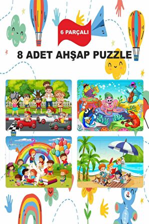 Rengarenk Ahşap Çocuk Puzzle 6 Parça 8 Adet eğitici öğretici