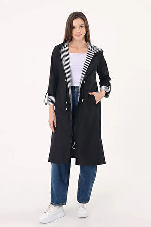 Kadın Siyah Beli Büzgülü Kapşonlu Trençkot